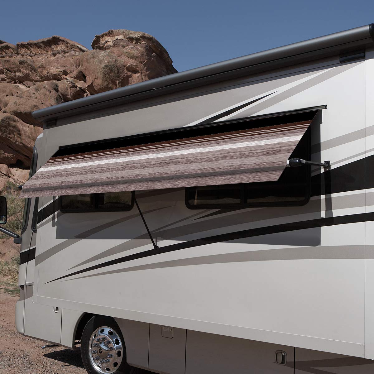 Carefree IF0358A62/ICJV01 Sierra Brown Dune Stripe 3.5' RV SL Standard Vinyl Window Awning, Black Arms-Choose Options - Image 4